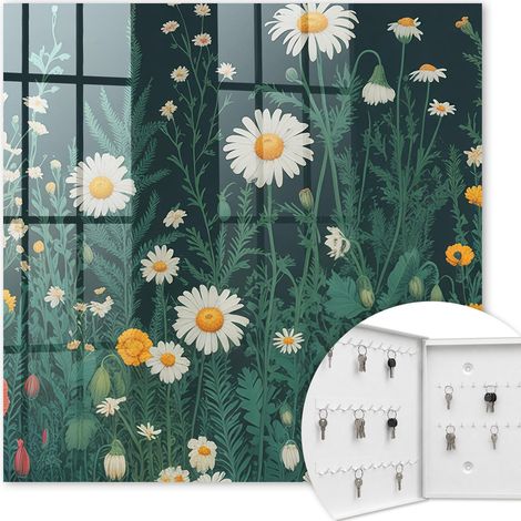 Armoire à clés - (30 cm x 30 cm) - Boîte à clés murale - Coffret de rangement pour clés - Couleur blanche - Ouverture vers la gauche - Pour maison et bureau - prairie fleurie (1/5)