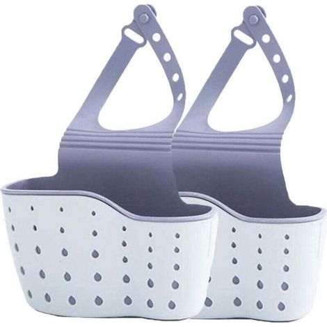 Support d'éponge pour évier de cuisine Porte-savon en plastique en silicone suspendu Caddy de robinet à sangle réglable avec trous de drainage pour le séchage (Bleu ciel (paquet de 2)) (1/5)