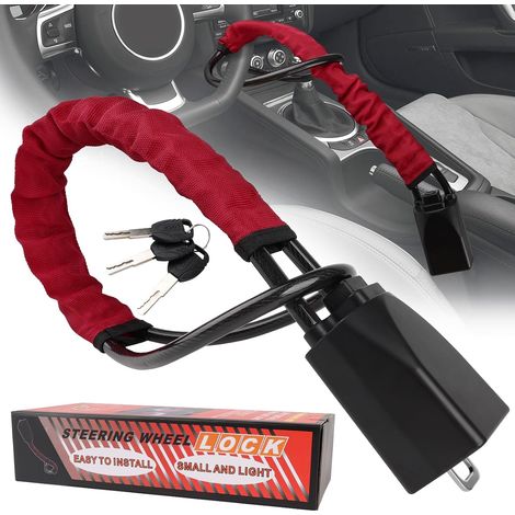 Verrou de volant de sécurité pour voiture - Double dispositif antivol avec 3 clés - Facile à verrouiller ou à déverrouiller - Ajustement universel pour voiture, camionnette, camion, SUV (rouge) (1/5)