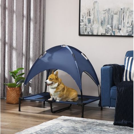Cama elevada para perro con toldo, plegable, azul oscuro OKMYHOME (1/5)