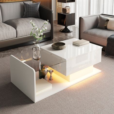 Table basse laqué avec plateau verre et éclairage LED intégré, design moderne effet glacé, piètement bois, blanc (1/5)