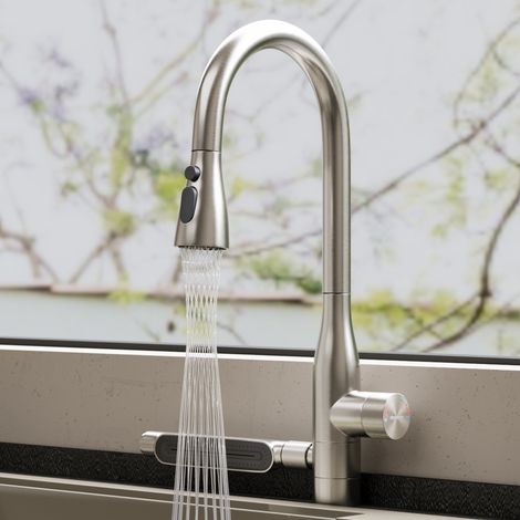 doporro Mitigeur Évier Robinet de Cuisine à Bec Extractible Rotatif 360° Mélangeur en Acier Inoxydable 304 Argent Brossé Double Commande Eau Chaude et Froide Cinq Débits d'Eau 46,9 cm Turnix-03 (1/5)