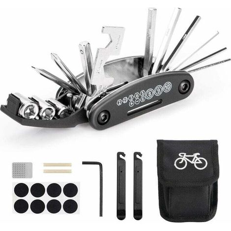 Outil multifonction de vélo, outils 16 en 1 pour sac d'outils portables de vélo avec outil à chaîne et levier de correction de pneu, patch de vélo auto-adhésif, etc. (1/4)