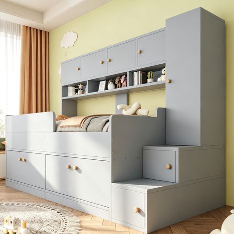 MODFU – Cama infantil 90x200 cm de madera con compartimentos, armario, escalera de peldaños, LED y somier de 16 lamas – Gris (1/5)