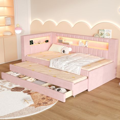 Lit banquette 90x200cm - convertible + LED + USB + 3 tiroirs - bois - rose (1/5)