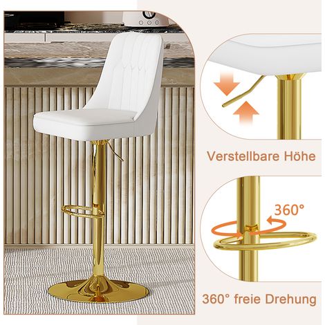 Tabouret de bar réglable en hauteur, lot de 2, pivotant à 360°, dossier en cuir PU blanc matelassé, pieds en métal doré, idéal pour îlot de cuisine et comptoir. (1/5)