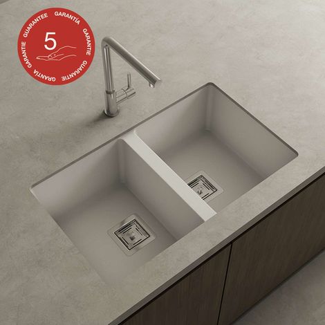Cuve sous plan POALGI, ZIE 184, Granit, Blanc Snow, 75 cm, 2 bacs (1/4)