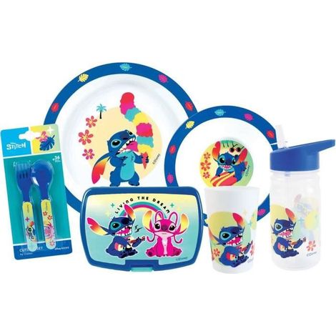 Dish set - FUN HOUSE - STITCH AND ANGEL - Glass. plate Ø22 cm and Ø16 cm. cutlery. water bottle and snack box (1/5)