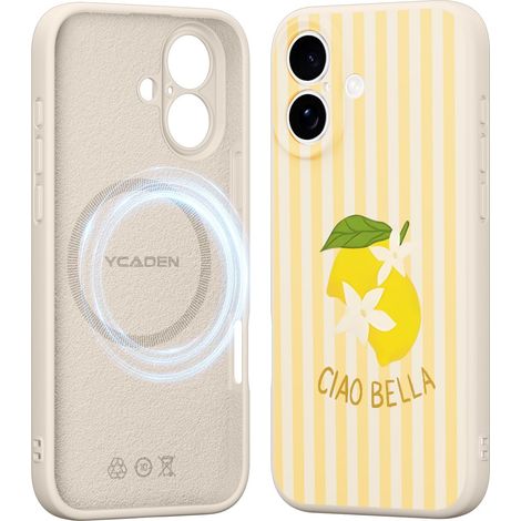 Coque Magnétique pour iPhone 16, Été Jaune Striped Motif Aesthetic Citron Etui Collage Dessin Filles Case Compatible avec MagSafe, Souple Silicone Liquide Antichoc Housse Cover, Beige (1/5)
