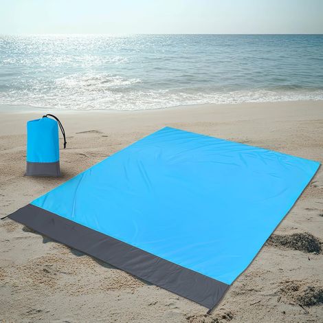 Couverture de plage extra large, imperméable, anti-sable, couverture de pique-nique avec poches, sac pour camping, piscine, essentiels de plage pour la famille, 210 x 200 cm, bleu et gris (1/5)