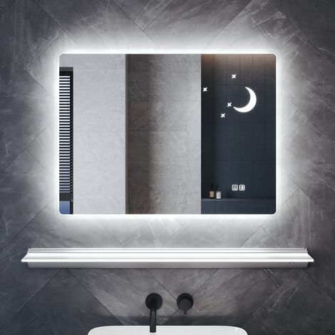 SONNI Antibeschlag Badspiegel mit Beleuchtung und Beleuchteter Ablage, 80×60cm Sternen- und Mondmuster Badezimmerspiegel mit 3 Lichtfarben Memory-Funktion