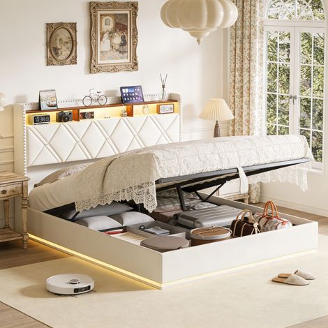 Polsterbett für Erwachsene 160x200 cm mit Stauraum - Doppelbett aus Leinen, 2 Personen, Stauraumbett 160x200, LED, USB und Lattenrost im skandinavischen Stil - Weiß