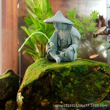Statue de Fisherman - Ornement Résine Gris Clair Unique pour Aquarium Écologique - Homme Pêcheur Miniature Micro Paysage (1/4)