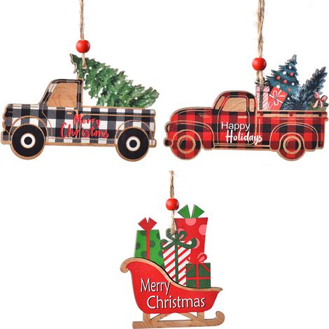 Pendentif Bois Arbre De Noël - Camion Et Voiture En Bois - Décoration Arbre Festif - Lot De 3 (1/5)