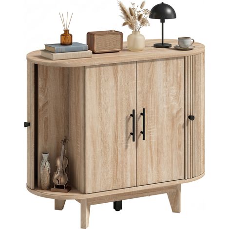 Buffet de Salon Ovale Meuble de Rangement 4 Portes Étagères Réglables Chêne Clair 90x40x76 cm - PANGIVO (1/5)
