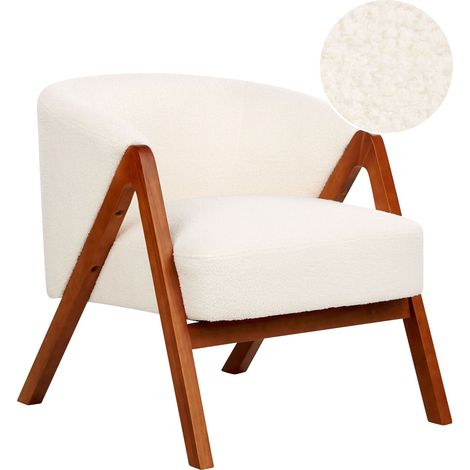 Fauteuil Moderne Tissu Bois d'Hévéa Pieds en Bois Bouclé Blanc Cassé Skei (1/5)