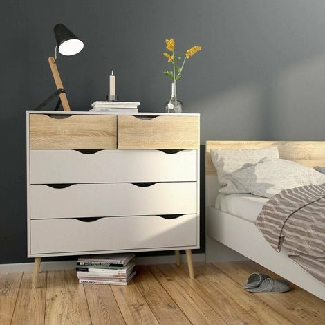 Dmora Kommode mit fünf Schubladen, Weiß und Eiche, Maße 98 x 100 x 39 cm (1/5)