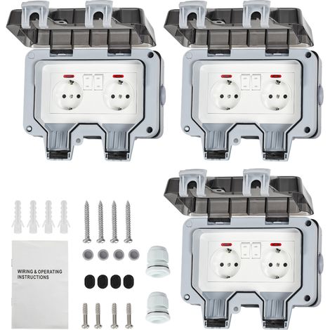 Randaco 3X Außensteckdose Gartensteckdose Outdoor Steckdose IP66 16A Wasserdicht Staubdicht Wandsteckdose 2 Loch mit Schalter