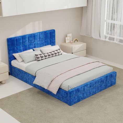 Bett 140x200 cm – Bett mit Stauraum 140x200 cm und Lattenrost – Gepolstertes Doppelbett mit Kopfteil – blauer Samtstoff