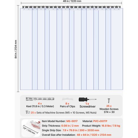 Rideau à Lanière PVC, 122x213,4 cm, Rideau Lamelles Transparent 8 Bandes de Porte Plastique Épaisseur 2 mm pour Porte de Chambre Froide, Entrepôt, Refroidisseur de Supermarché, Chevauchement 50% (1/5)