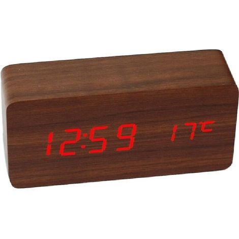 Horloge de bureau carrée en bois avec affichage numérique LED, alarme et affichage de la température, idéale pour la décoration de chambre. (1/5)
