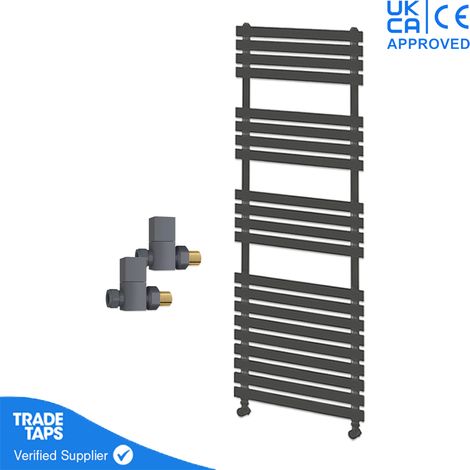 Designer Delta Anthracite Flat Panel Towel Radiator Heated Ladder Rail - 1424 x 500mm - Straight Manual Square Valve Pair (1/3)