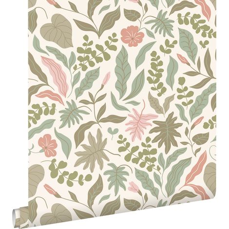 papier peint feuilles et fleurs vert grisé et rose - ESTAhome (1/5)