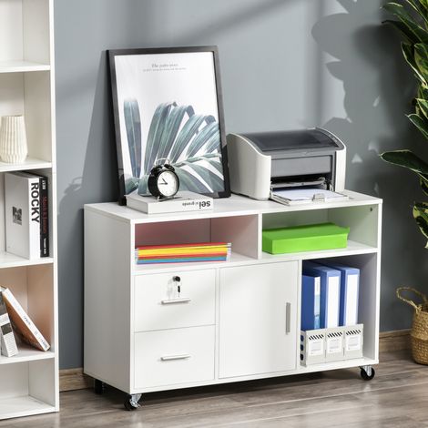 Mueble Auxiliar de Oficina Mueble Archivador con Ruedas Estantes y Cajones Armario Multiusos con Gran Almacenaje 100x35x65 cm Blanco (1/5)
