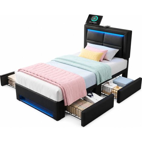 CHICFURN Cama individual 90x200 cm de PU negro con LED USB y 4 cajones, sin colchón (1/5)
