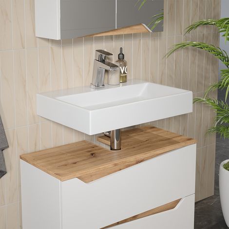 Mueble bajo lavabo Marelle, Blanco/Artesano, 80 x 57.5 cm con 2 cajones, Vicco