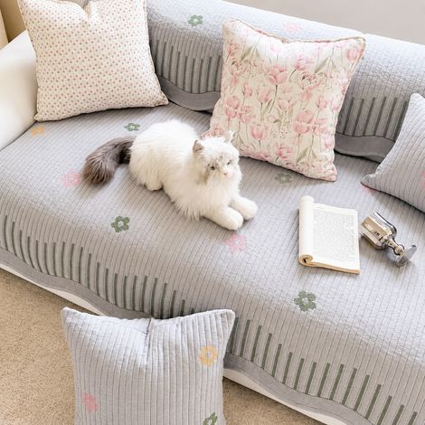 Housse Canapé Coussin Assise Coton Lavé Motif Petites Fleurs Gris 110x210 cm 1 kg – Livraison gratuite