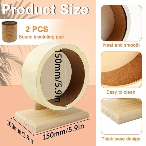 Roue en bois pour hamster - 15 cm - Silencieuse - Pour hamster nain, Degus gerbilles, avec bandes de liège de rechange (1/4)