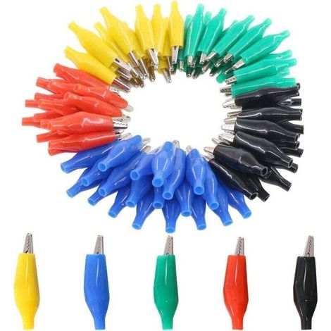 Lot de 100 pinces crocodiles pour test électrique de 35 mm Noir/rouge/jaune/bleu/vert (1/4)