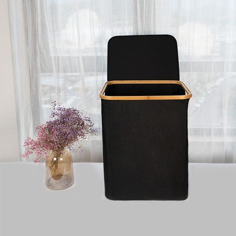 Panier a Linge Pliable avec sac Intérieur Cadre Bambou et Couvercle, Nior (1/5)