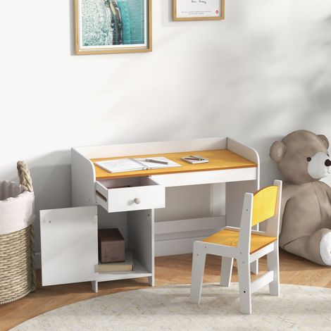 Kinderschreibtisch und Stuhl, Schulschreibtisch aus Holz für Kinder von 3 bis 6 Jahren mit Schublade und passendem Stuhl, Weiß