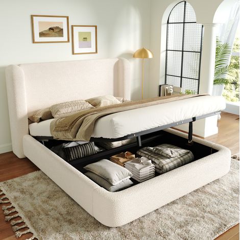 Letto matrimoniale moderno in bouclé beige 180x200 cm con testiera imbottita, rete a doghe e vano contenitore