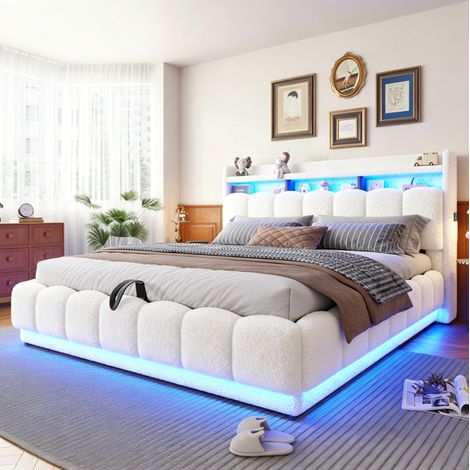 Letto imbottito 180/200 cm bianco con vano contenitore, LED, USB e presa, rivestimento bouclé (1/5)