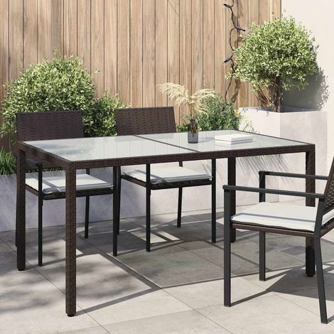 vidaXL Table de jardin 150x90x75 cm Verre trempé/résine tressée Marron (1/5)
