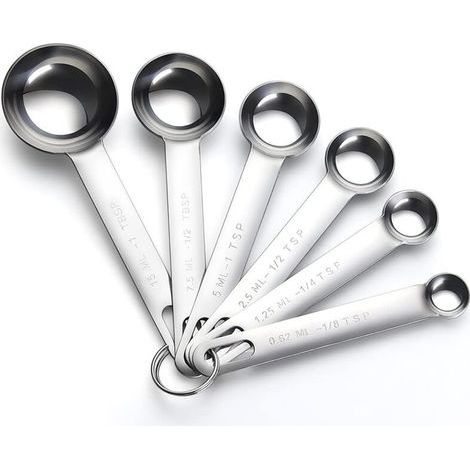 Messlöffel-Set, 6-teilig, hochglanzpoliert, aus Edelstahl: 1/8 TL, 1/4 TL, 1/2 TL, 1 TL, 1/2 EL und 1 EL (1/5)