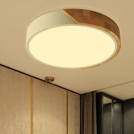 Plafonnier LED - 24 W - 3000 K - Ø30 Cm - Bois Blanc - Pour Salon Cuisine Chambre Couloir Salle À Manger Balcon - 1 Pièce