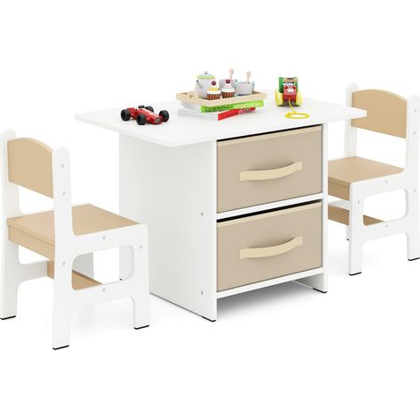 Set di tavolo e 2 sedie bambini, Set di scrivania da 3 pezzi con ceste portaoggetti rimovibili per stanza giochi Beige e Bianco (1/3)