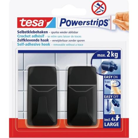 Ganchos autoadhesivos TESA para cocina y baño, hasta 2 kg, color negro, 2 unidades.