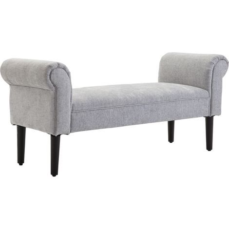 Banc rembourré, fauteuil, futon, banc d'entrée, banc de chevet, ourlet roulé élégant, tissu lin, rembourrage en mousse, polyester, gris clair, 132 x 45,5 x 58 cm (1/5)