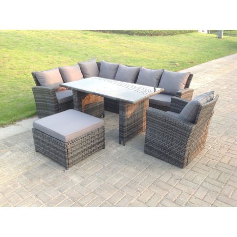 Fimous 8 places Dos haut Ensemble de meubles de jardin en rotin  Canapé d'angle avec Schwarz gehärtet Table de salle à manger Tabouret avec Fauteuil (1/3)