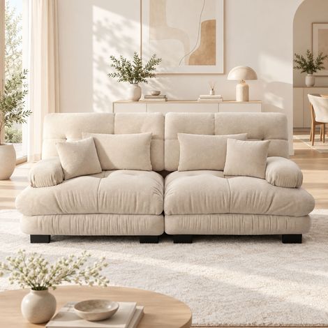 Canapé 2 places en chenille café clair 220 cm, style nuage, assise profonde, 2 coussins lombaires et 2 coussins déco, cadre bois massif (1/5)