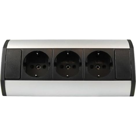 Prise de courant triple sous plan/en saillie, prise d'angle, boîtier en aluminium avec 100cm de câble et prise de courant, argent (1/5)