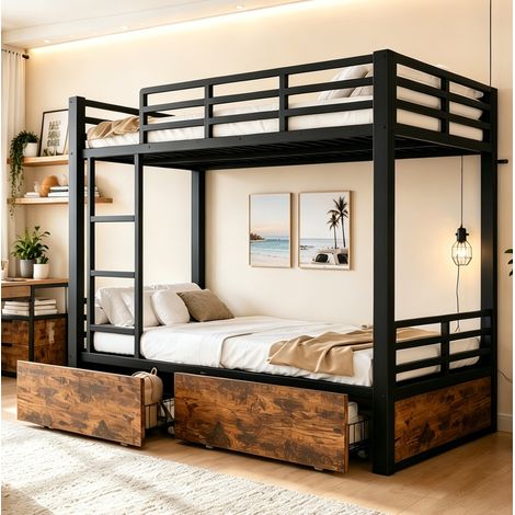 FLORAGRACE Letto a castello 90x200 cm in metallo nero con 2 cassetti, scala e sponde di sicurezza, ideale per piccoli spazi (1/5)