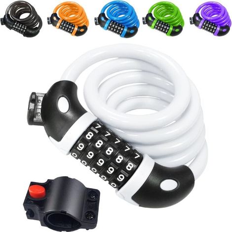 Antivol vélo câble en acier trempé 120 cm × 12 mm, code à 5 chiffres intelligent, blanc – Serrure vélo haute sécurité (1/5)