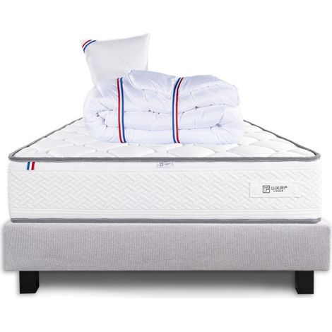Ensemble Sommier gris (20cm), Matelas Iris (20 cm), mousses haute densité, ferme, face été/hiver, Oreiller et Couette, 90x190cm (1/5)