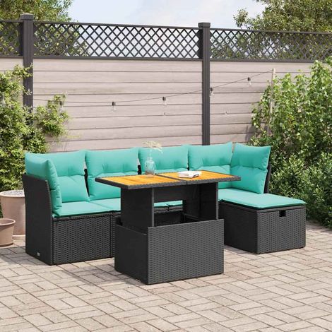 Salon de jardin 6 pièces avec rangement, résine tressée noire, acacia et coussins bleus - PANGIVO (1/5)